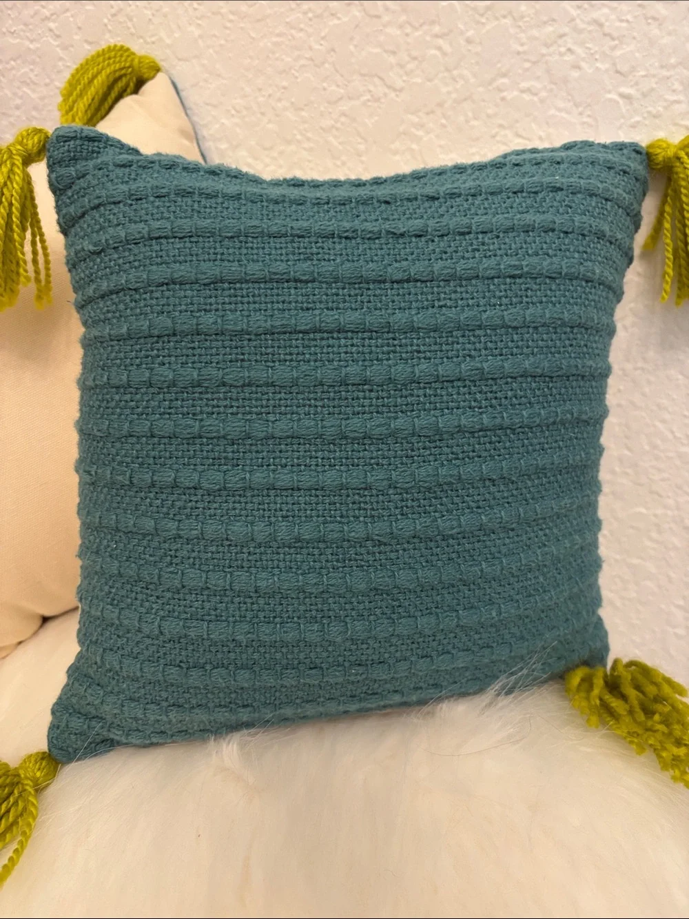 Teal Knit Throw Pillows with Chartreuse Tassels - Set of 2